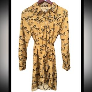 Wrangler Western Dress Cowgirl Tan Black Horses Tie Waist Button Up Tunic Small